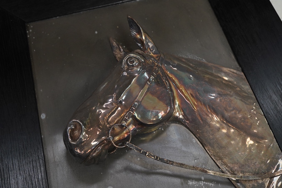 After Georg G Bommer, a pair of framed white metal relief plaque, study of a horse